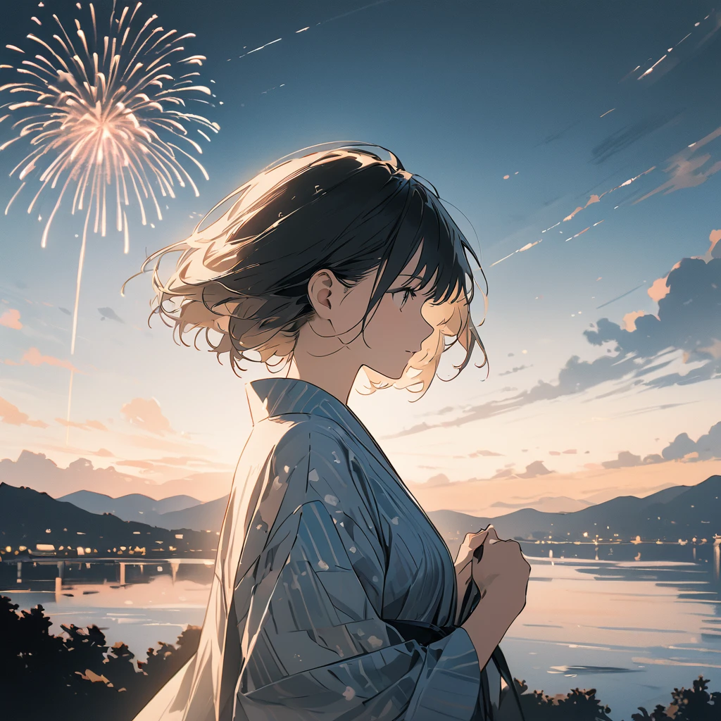anime、Digital Art、Flat Design、超High resolution, (masterpiece:1.2), Highest quality, High resolution, Awards, Attention to detail,woman, summer landscape, fireworks, wind breeze, short hair, yukata, light color,, ennui, illustration, illustration, posterization, In Duotone, ((best quality, masterpiece)), (ultra high resolution:1.0), 8k, (((blur background))), digital art