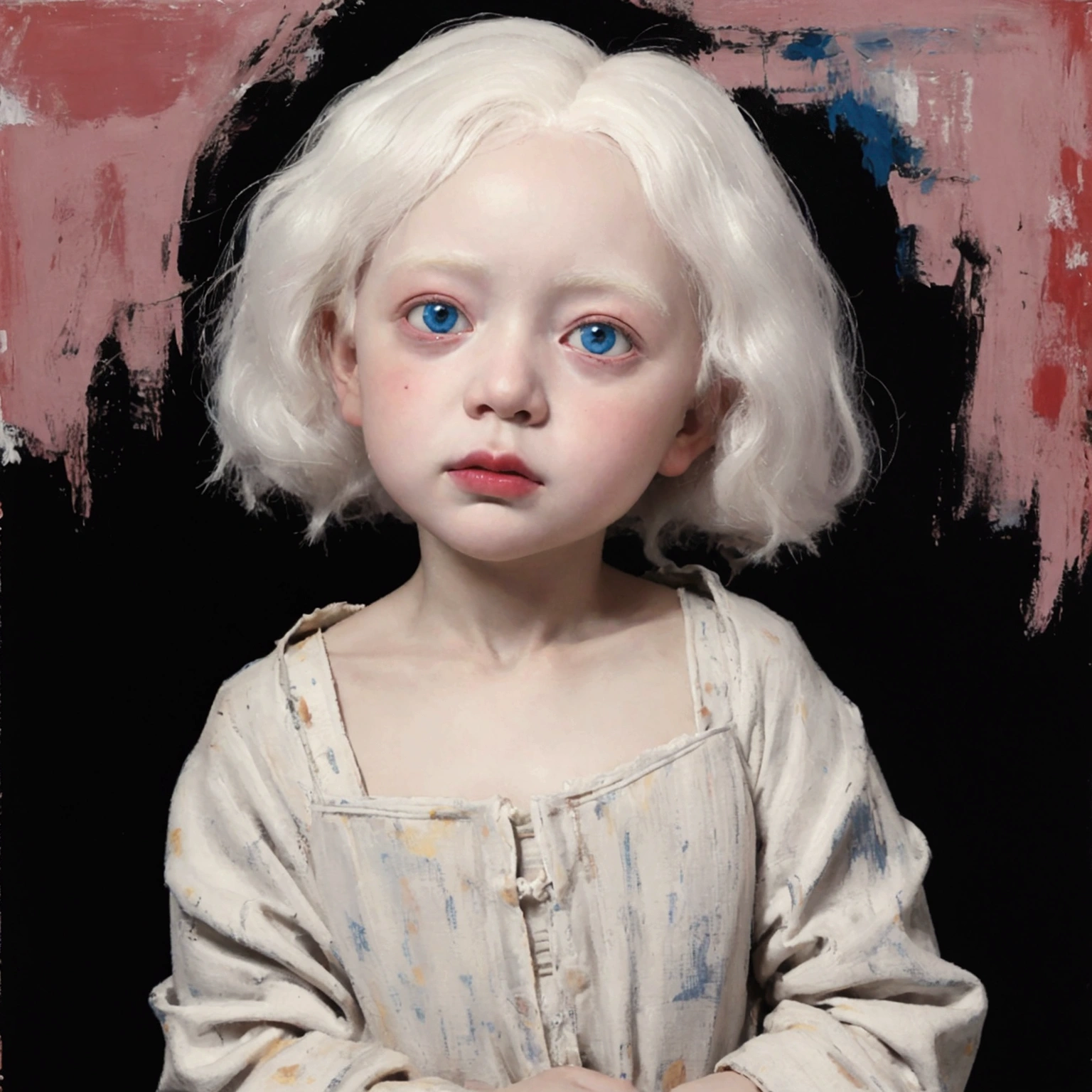 **a oil painting of a albino old men humanoid -doll , в полый рост, держит цветок в руке, big head, night, pink moon, black night covered in stars, by Jean-Michel Basquiat**