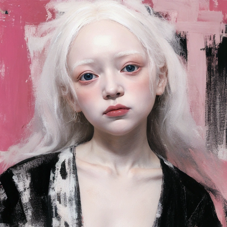 **a oil painting of a albino old men humanoid -doll , в полый рост, держит цветок в руке, big head, night, pink moon, black night covered in stars, by Jean-Michel Basquiat**