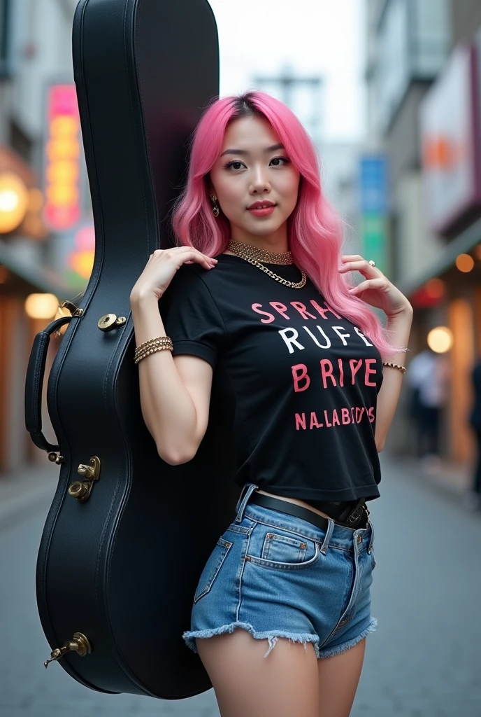 (((A woman carrying a large black guitar case on her back)))、A 26-year-old adult woman wearing a black crew neck top with loud English letters on the chest and short blue jeans poses for a photo, Dynamic Pose、Model poses for rock music magazine、Slender curvesの想像を超えた美女、 Japanese female fashion model, (((Very bright pink hair)))、happiness、Thick chain jewelry around the neck and arms、(((In front of a strip theater in Asakusa)))、A pure and beautiful smile、Intelligent face、Slender curves、Big Breasts、Black T-shirt、He&#39;s wearing a very small leather jacket.、Denim shorts、(((Extreme low angle)))、null、building、He is carrying a black guitar case with a guitar strap