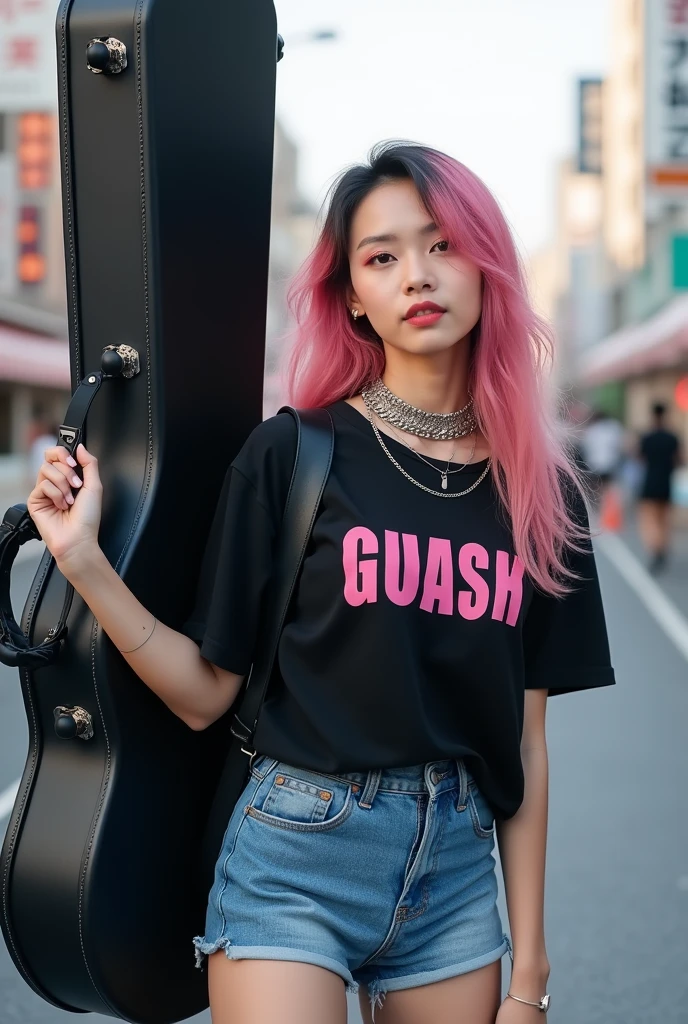 (((A woman carrying a large black guitar case on her back)))、A 26-year-old adult woman wearing a black crew neck top with loud English letters on the chest and short blue jeans poses for a photo, Dynamic Pose、Model poses for rock music magazine、Slender curvesの想像を超えた美女、 Japanese female fashion model, (((Very bright pink hair)))、happiness、Thick chain jewelry around the neck and arms、(((In front of a strip theater in Asakusa)))、A pure and beautiful smile、Intelligent face、Slender curves、Big Breasts、Black T-shirt、He's wearing a very small leather jacket.、Denim shorts、(((Extreme low angle)))、null、building、He is carrying a black guitar case with a guitar strap