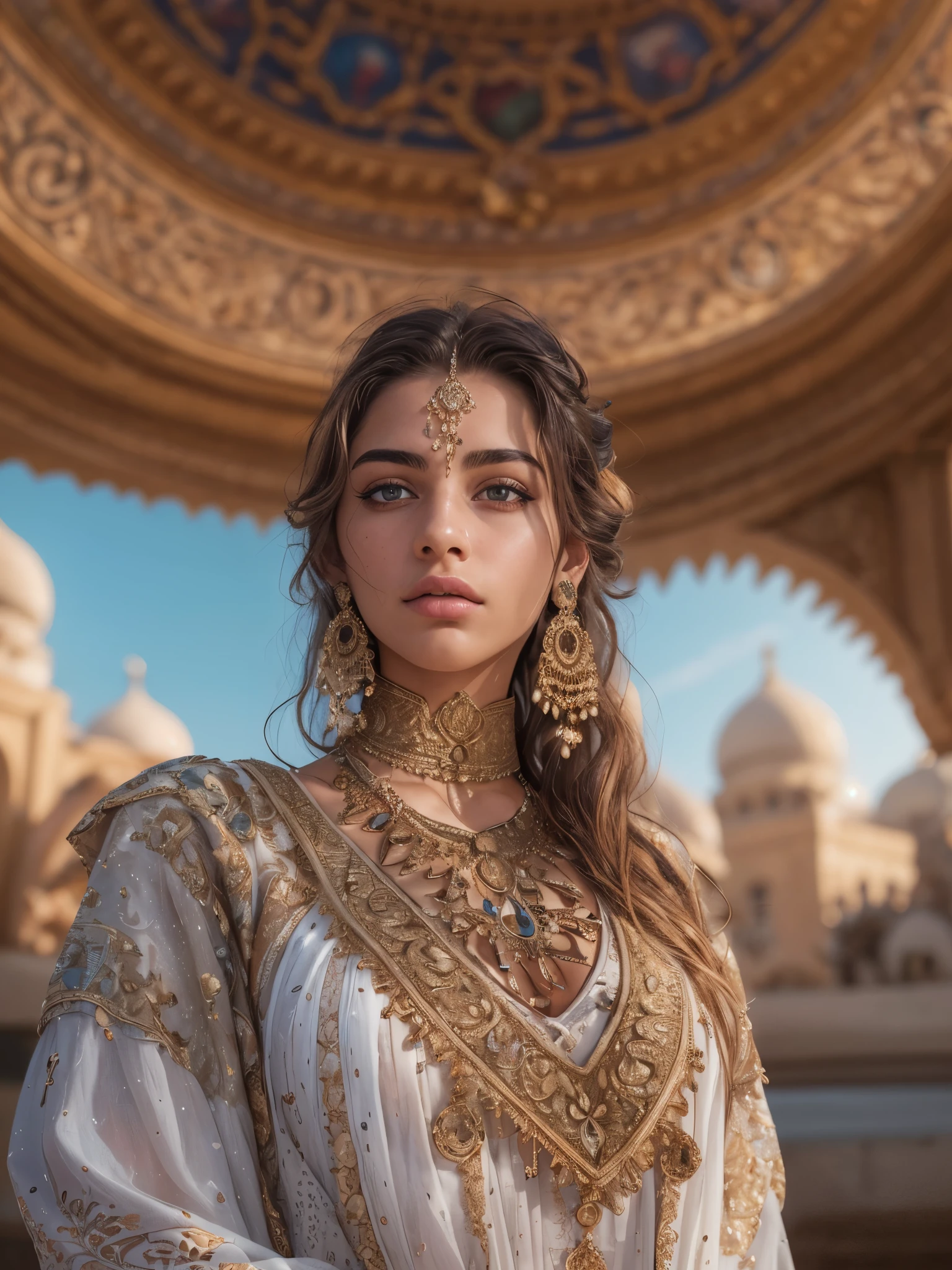 (4k, RAW photo, best quality, depth of field, ultra high res:1.1),(absurdres, intricate, photorealistic, masterpiece, ultra-detailed:1.1), , arab girl is wearing traditional clothes with cleavage, big breasts size