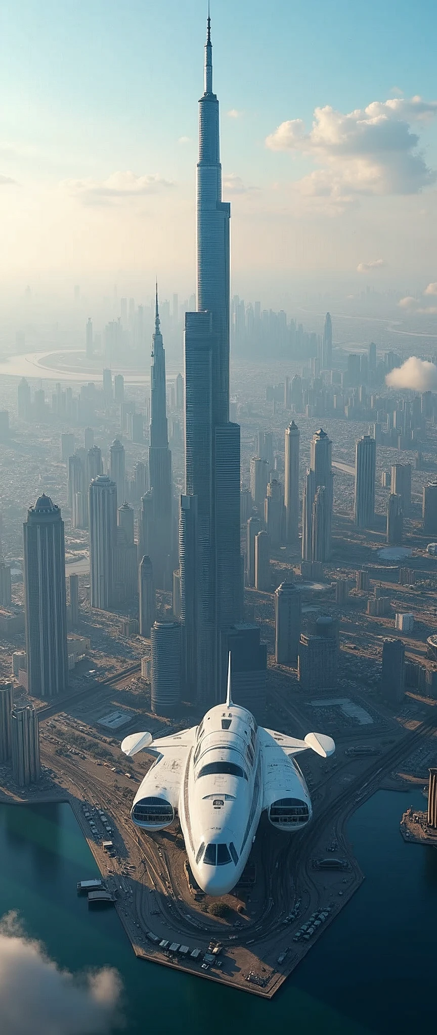 Future city seen from an airplane:1.5,port,Flying Spaceship,Skyscraper,masterpiece,Highest quality,Ultra-high resolution,(Very detailed:1.2),8k,Realistic,Best aesthetics,beautiful