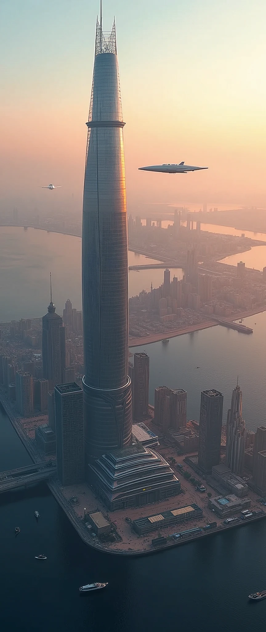 Future city seen from an airplane:1.5,port,Flying Spaceship,Skyscraper,masterpiece,Highest quality,Ultra-high resolution,(Very detailed:1.2),8k,Realistic,Best aesthetics,beautiful