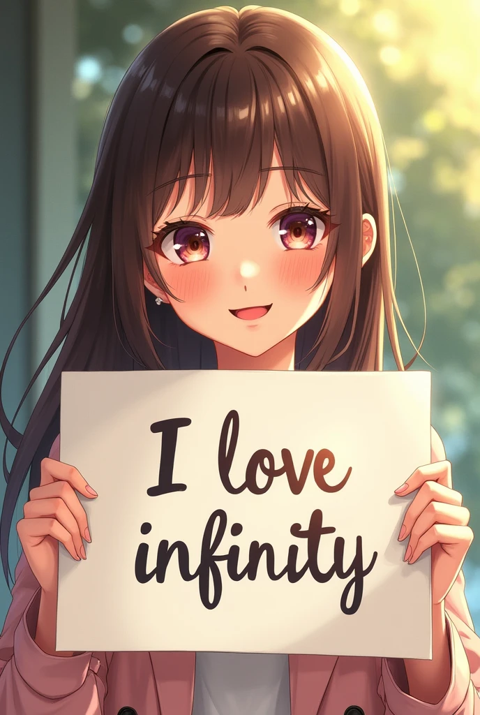 A beautiful and cute woman holding up a sign "I love infinity", Joyful, Happy, Anime illustration, Realistic, oil
