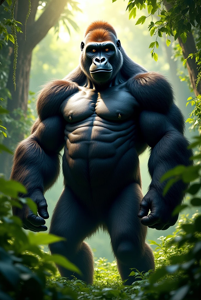 Here's the prompt code to create an image related to a strong and glorious gorilla:
```json
{
"size": "1080x1920",
"prompt": "A magnificent, strong gorilla standing tall in the midst of a vibrant jungle. The gorilla's muscular form is highlighted, showcasing its immense power and dominance. Its fur is glossy and well-groomed, glistening in the dappled sunlight filtering through the trees. The gorilla's pose is regal, with a proud expression, as if it's the king of the jungle. The background is filled with lush greenery, large leaves, and vines, with a sense of grandeur and natural beauty, emphasizing the gorilla's glory in its natural habitat."
}
```