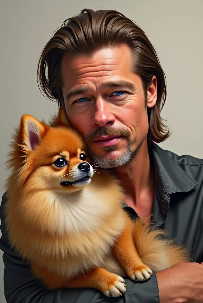 Brad Pitt realistic with pomeranian