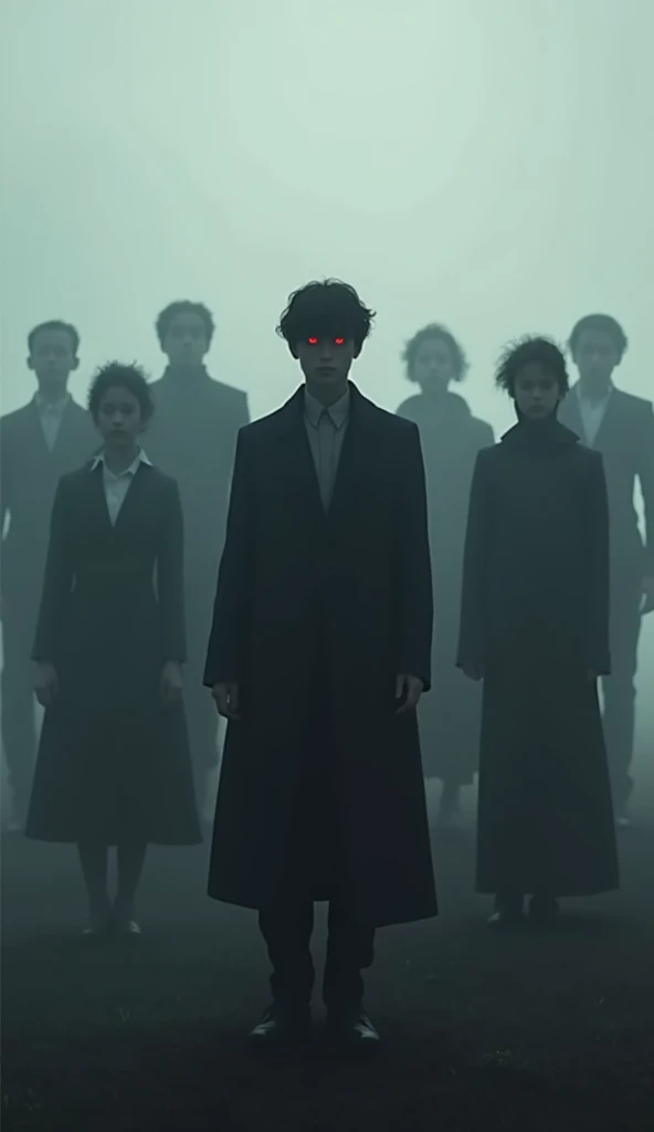 a group of 10 people who only see their shadows, that they are adults with clothes from different periods, and in the middle of all there is a young man, with red eyes, with a foggy background, use the same style as the previous image,