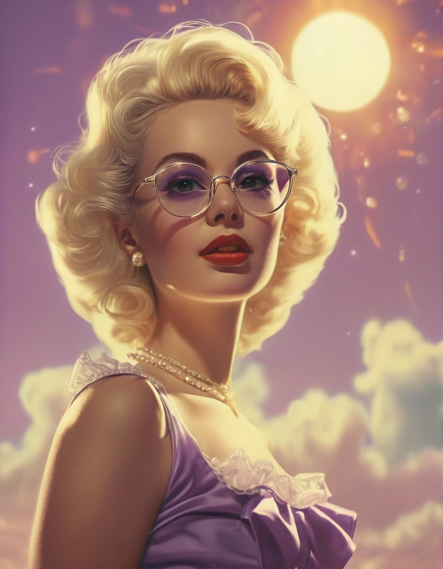 Ken Loach, photograph, Glamorous women of the 1950s。In my early 20s I wore a poodle skirt.、She had blonde hair。, Wearing elegant brow-lined glasses, Immerse your audience in a surreal landscape. The sun is shining brightly in the sky, Add a golden glow to the scene. rough sketch, strict, Anime Core, Cold lighting, Double exposure, Kodak Ektar 100, debt/5, Sharp and in focus, (Key Visual, Cinematic Purple Color Grading)