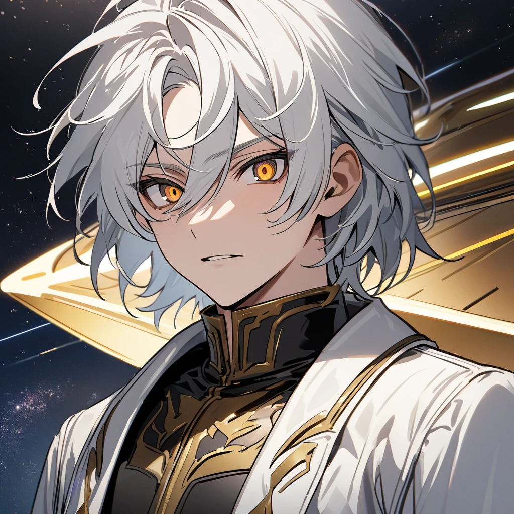 High quality, HD, 4k, no shadows, handsome male, 1male, 17 years old, teenager, short white hair, silver hair, white hair, sharp eyes, dark golden colored eyes, deep golden eyes, dark gold eyes, gold eyes, devil may cry, close up, calm expression, stoic expression, black leather clothes, white leather clothing, lean body, well trained body, upper body, looking at viewer, cowboy shot, white solar, space background
