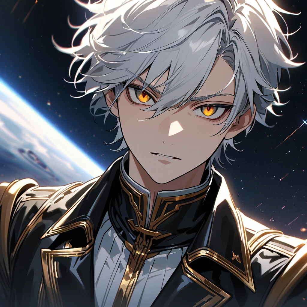 High quality, HD, 4k, no shadows, handsome male, 1male, , teenager, short white hair, silver hair, white hair, sharp eyes, dark golden colored eyes, deep golden eyes, dark gold eyes, gold eyes, devil may cry, close up, calm expression, stoic expression, black leather clothes, white leather clothing, lean body, well trained body, upper body, looking at viewer, cowboy shot, white solar, space background