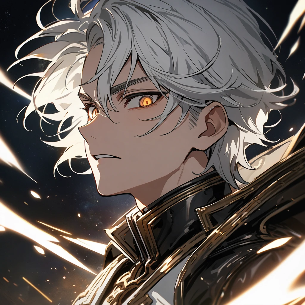 High quality, HD, 4k, no shadows, handsome male, 1male, 17 years old, teenager, short white hair, silver hair, white hair, sharp eyes, dark golden colored eyes, deep golden eyes, dark gold eyes, gold eyes, devil may cry, close up, calm expression, stoic expression, black leather clothes, white leather clothing, lean body, well trained body, upper body, looking at viewer, cowboy shot, white solar, space background