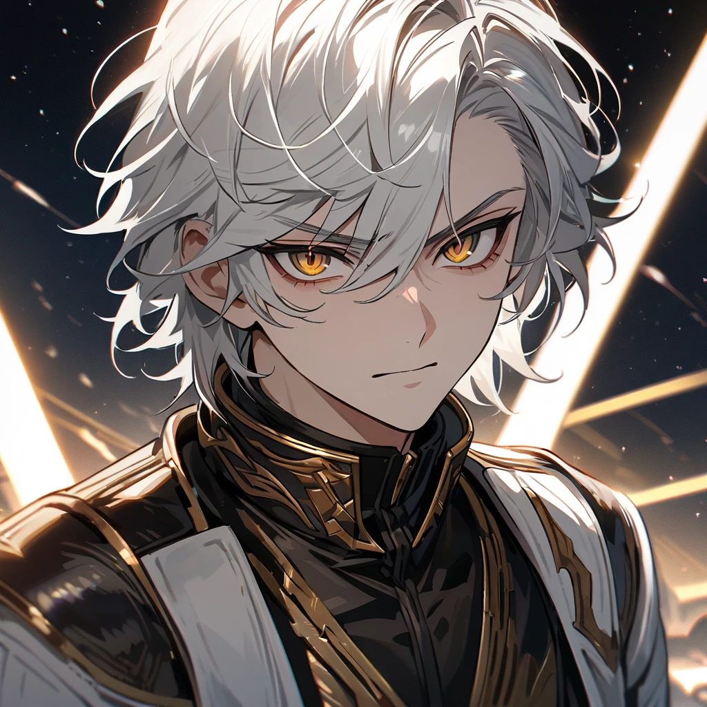 High quality, HD, 4k, no shadows, handsome male, 1male, 17 years old, teenager, short white hair, silver hair, white hair, sharp eyes, dark golden colored eyes, deep golden eyes, dark gold eyes, gold eyes, devil may cry, close up, calm expression, stoic expression, black leather clothes, white leather clothing, lean body, well trained body, upper body, looking at viewer, cowboy shot, white solar, space background