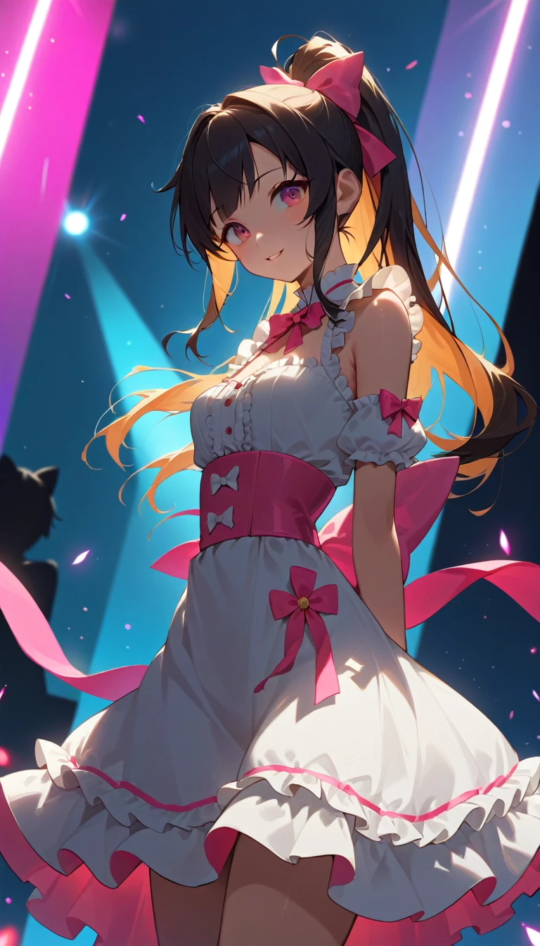 "Create a digital illustration of a 1980s Japanese female idol. She has long black hair in a ponytail with a pink ribbon. Her outfit is a pink and white frilly dress. The background should be a stage with colorful lights. Emphasize a soft and cute atmosphere reminiscent of idols like Seiko Matsuda and Naoko Kawai."
