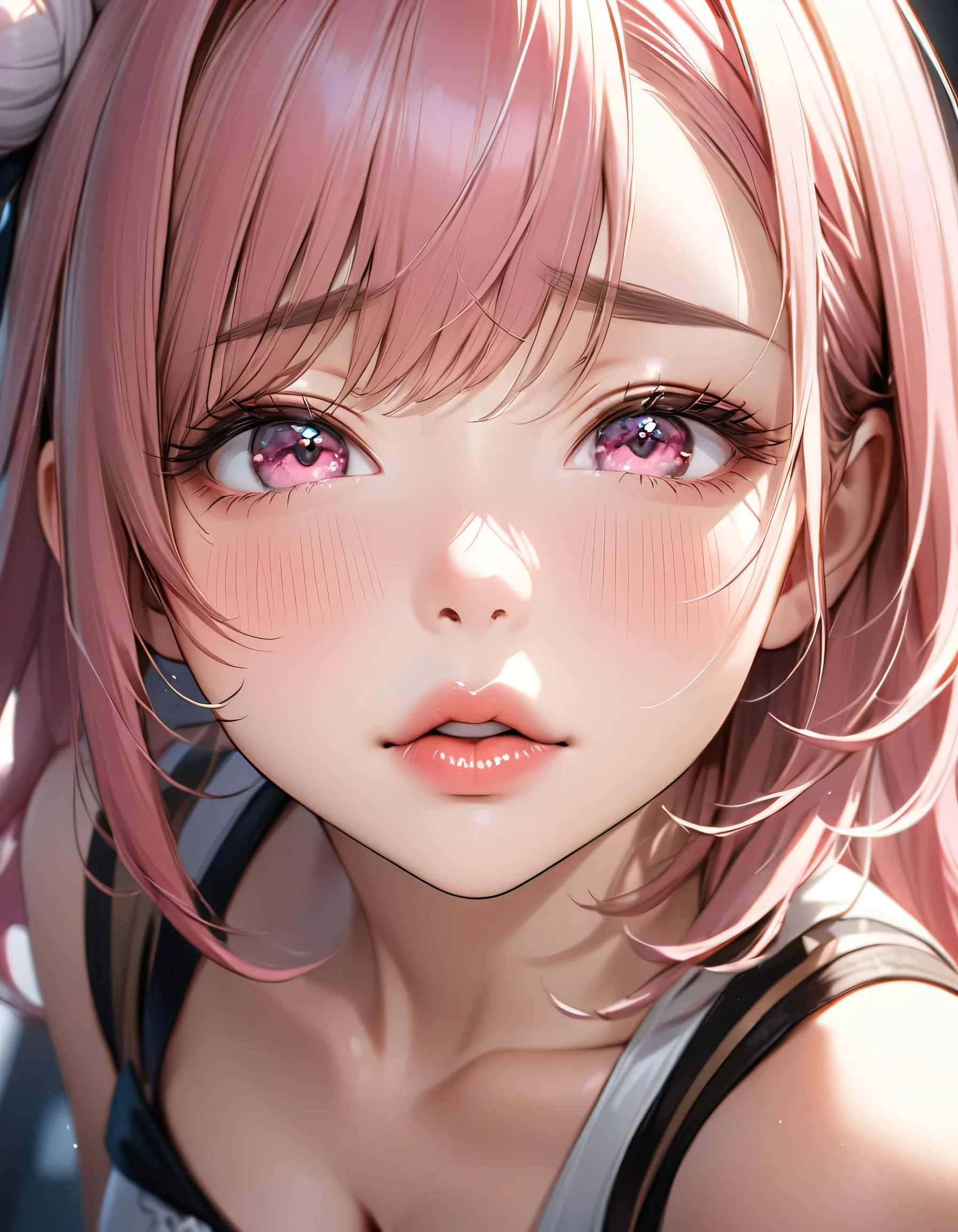 The face of a beautiful girl approaches the viewer, (Girls kissing), alone, (Hair Ribbon:0.4), Pink Eyes,(((White bun hair))),(((Pink long hair))),Perfect and attractive face, Mouth trying to kiss, (((Squint your eyes))), Put your chin forward, Expectations, Shyness, joy, blush, Realistic and attractive nose, Delicate and elegant eyelashes, Fine and thin eyebrows, Natural Makeup, Delicate and perfect brushwork, young and lively々Fresh Skin, break: Showing affection to the audience, Expectations, Shyness, joy, blush, I close my eyes in fear, Put your chin forward, Lips asking for a kiss, Detailed and realistic skin texture, Cute and sexy gestures that will charm you, ((Facing the audience)), View your viewers, Jaw sticking out, Please lower your eyelids, Detailed and engaging, Seduce you, break ((Gently closed eyelids)), The approaching lips, break (close your eyes, Lips asking for a kiss, Approaching Face, Chin forward), (look up:1.3), ((Facing you)), break Face up and look up, Mouth closed for a kiss, (close your eyes:1.3), Expectations, Shyness, joy, blush, Realistic and captivating depictions, First-person view of the viewer, The kiss, (Close-up of face seen from above:1.2).Kunimi Tama