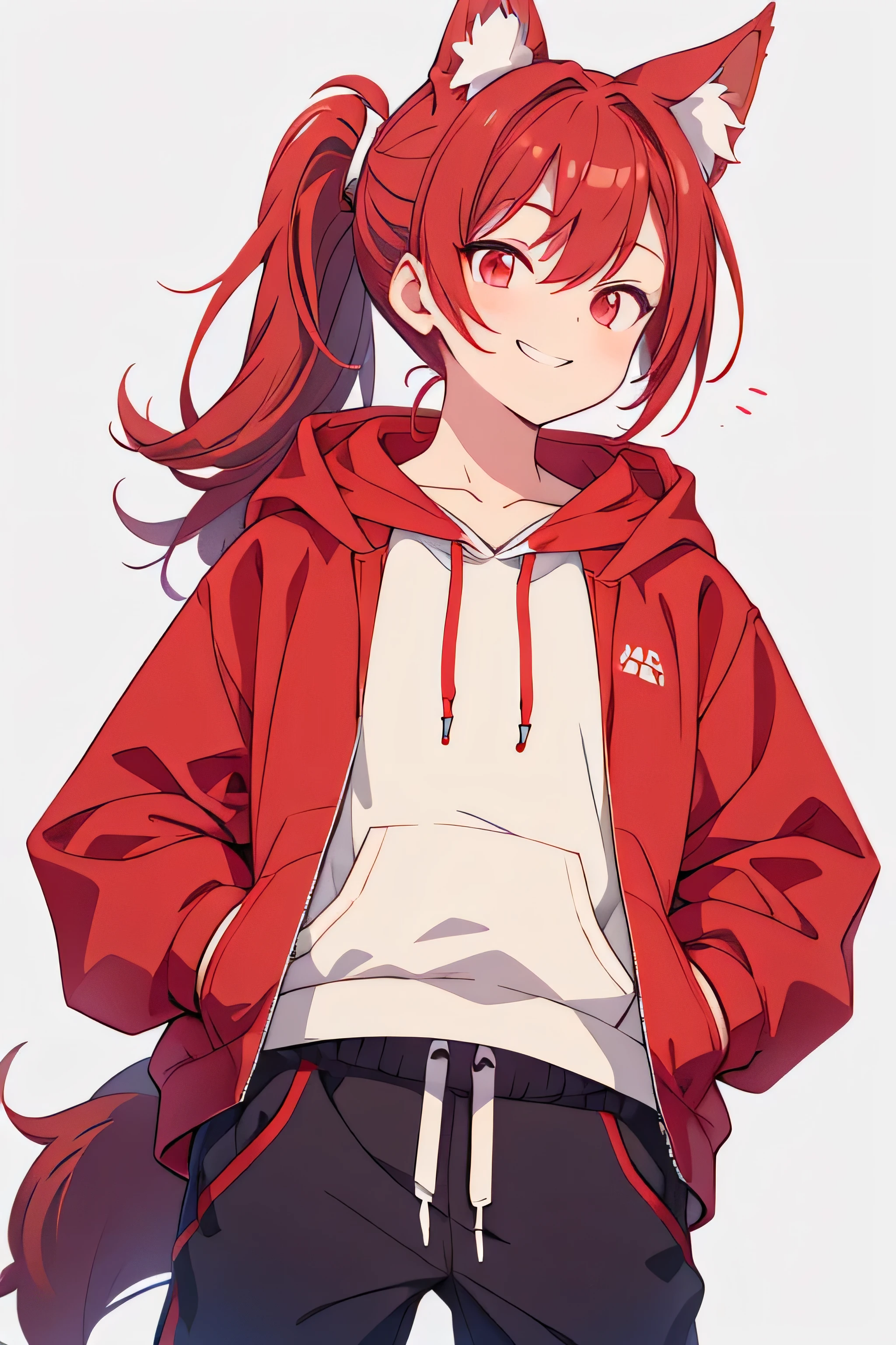 Red hair in a ponytail、Wolf ears、Open hoodie、Hands on hips、Smiling little boy