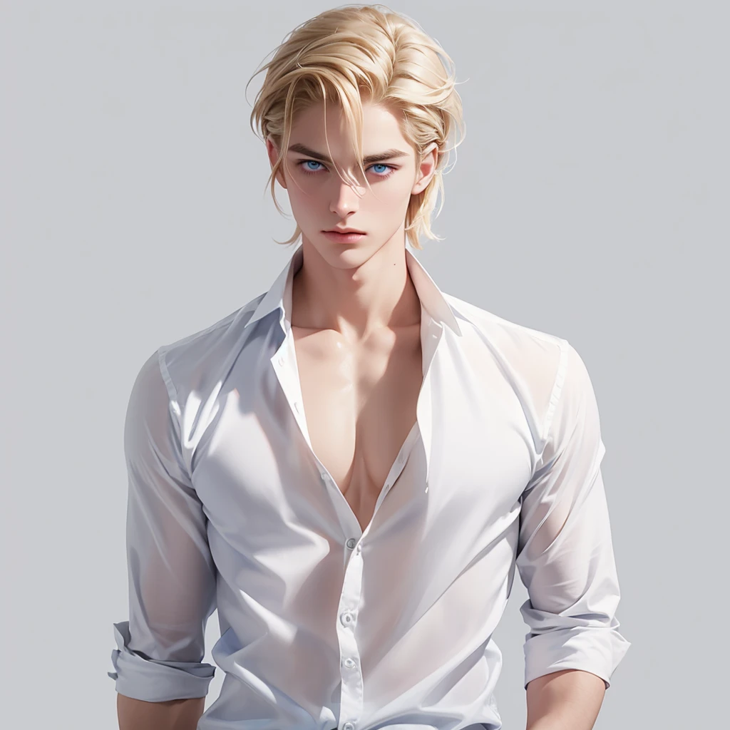 Short blonde shoulder-length hair , blue eyes, male, black background, High Detail，Slicked-back hairstyle，No bangs