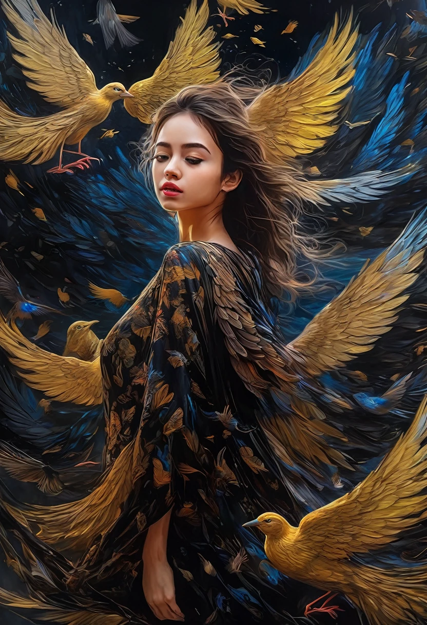 Rough surface, oil on canvas style, delicate face, upper body, a girl, a girl in a black dress, big bird wings, fluttering, surrounded by birds, extreme flow, night, super detailed, intricate, 32k uhd megapixels
best quality --iw 0.5 --q 2 - -s 750 - -two 2 5