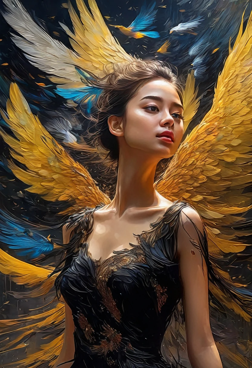 Rough surface, oil on canvas style, delicate face, upper body, a girl, a girl in a black dress, big bird wings, fluttering, surrounded by birds, extreme flow, night, super detailed, intricate, 32k uhd megapixels
best quality --iw 0.5 --q 2 - -s 750 - -two 2 5