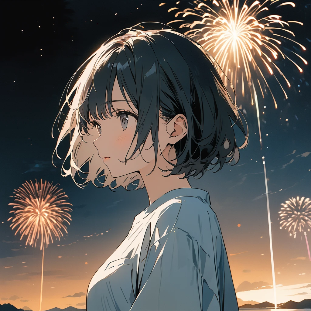 anime、Digital Art、Flat Design、超High resolution, (masterpiece:1.2), Highest quality, High resolution, Awards, Attention to detail,Woman, summer landscape, fireworks, short hair, light color, beautiful, tiredness, illustration, illustration, posterization, In Duotone,