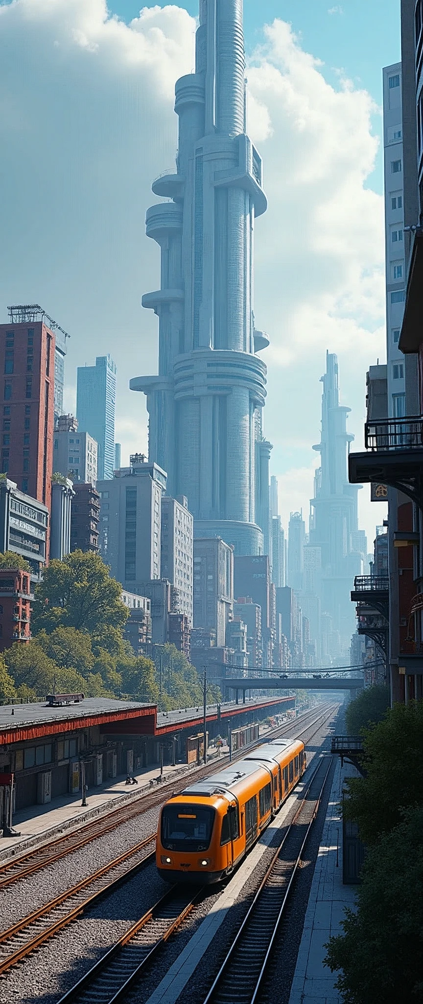 Future City:1.5,station,train,building,masterpiece,Highest quality,Ultra-high resolution,(Very detailed:1.2),8k,Realistic,Best aesthetics,beautiful