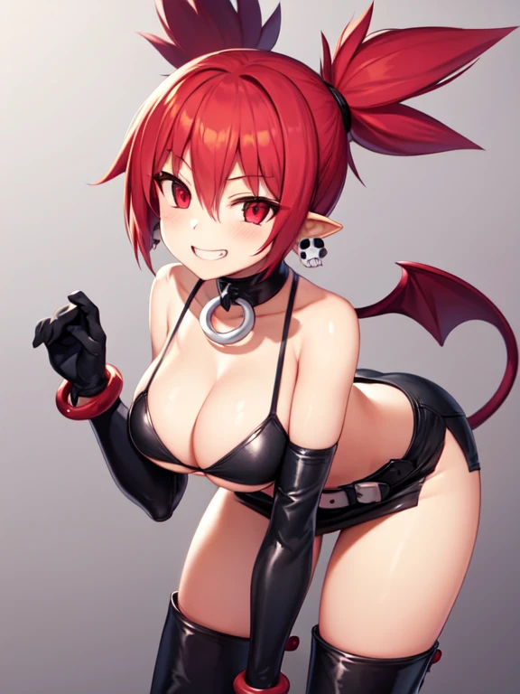 (masterpiece), 1girl, solo, cleavage, hanging boobs, leaning forward, wide hips, big and round ass, horny face, Thick thighs, etna \(disgaea\),red hair,twintails,red eyes,gyaru,,skull earrings,bracelet,choker,smile,open mouth,fang, seductive smile, hands on own breasts,elbow gloves,belt,miniskirt,black skirt,thigh boots,black bra,skull earrings,bracelet,choker,grin, hanging breasts, big breasts, Woman on all fours