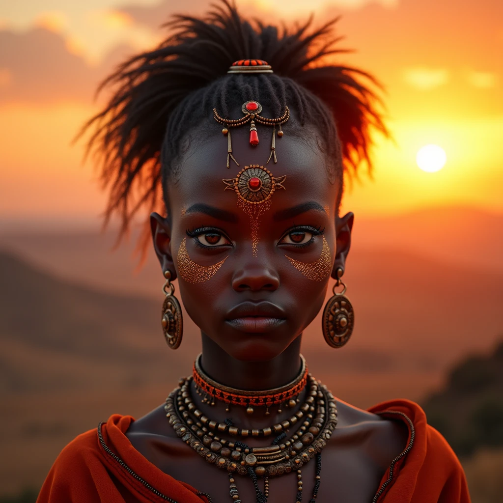 , stunning african princess, afrofuturism style, african princess, black african princess, afrofuturism, african queen, stunning portrait, 8k artistic portrait photography, afrofuturistic, anthropological photography, afrofuturist, futuristic himba teenage girl, beautiful portrait, beautiful futuristic himba woman, tribal makeup, fierce eyes, background is sunset on top of a hill