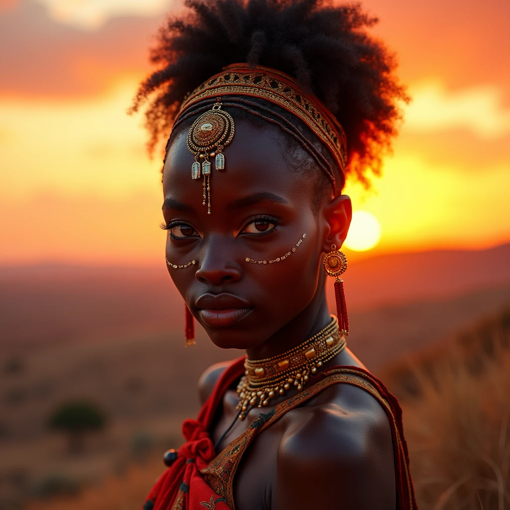, stunning african princess, afrofuturism style, african princess, black african princess, afrofuturism, african queen, stunning portrait, 8k artistic portrait photography, afrofuturistic, anthropological photography, afrofuturist, futuristic himba age girl, beautiful portrait, beautiful futuristic himba woman, tribal makeup, fierce eyes, background is sunset on top of a hill
