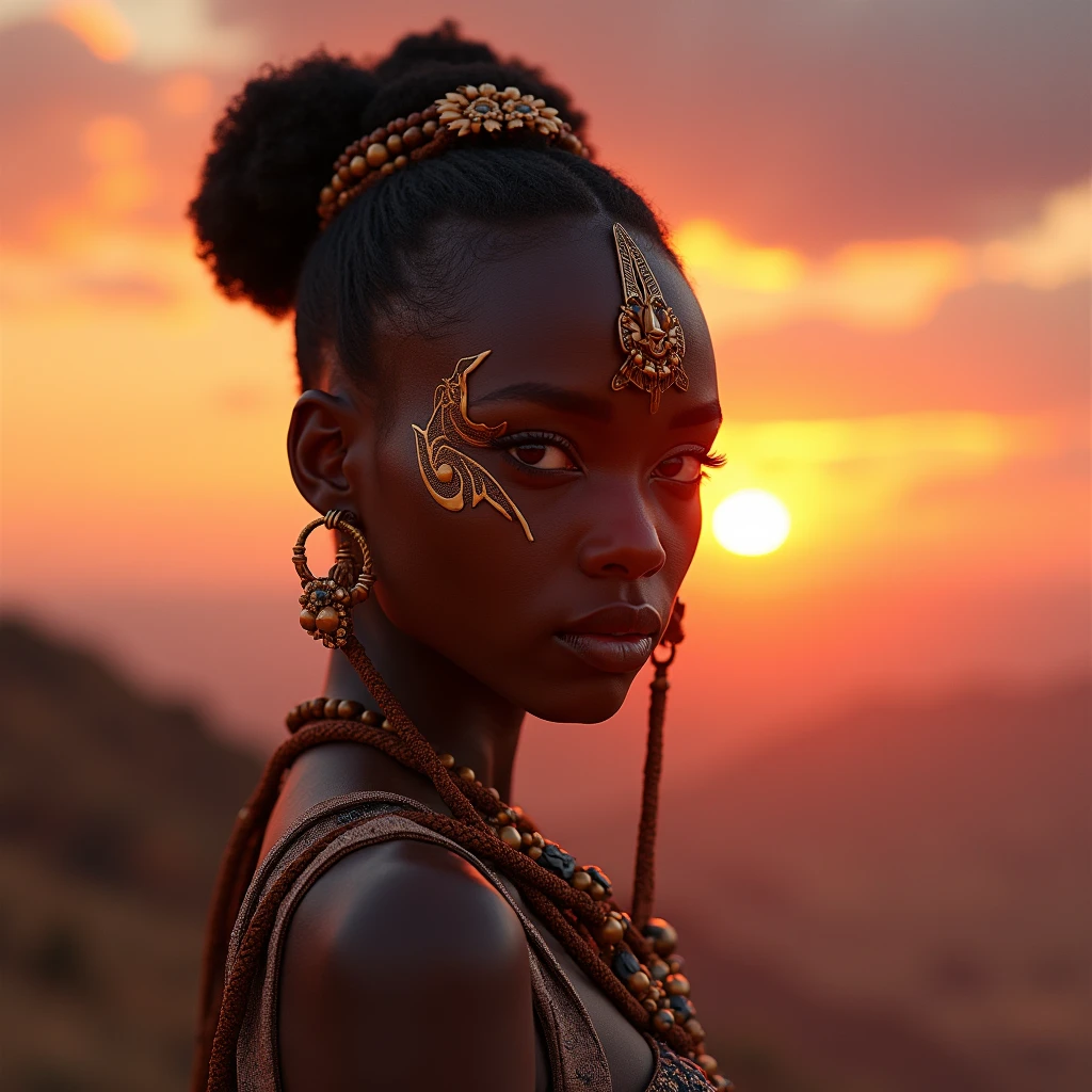 , stunning african princess, afrofuturism style, african princess, black african princess, afrofuturism, african queen, stunning portrait, 8k artistic portrait photography, afrofuturistic, anthropological photography, afrofuturist, futuristic himba teenage girl, beautiful portrait, beautiful futuristic himba woman, tribal makeup, fierce eyes, background is sunset on top of a hill
