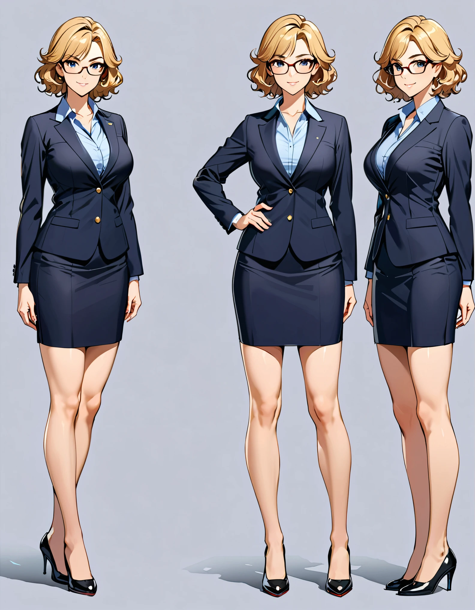 masterpiece, best quality, hires, 1girl, equal height, finger proportions coordination, medium breasts, suit, skirt, pencil skirt, bare legs, glasses, shoes, solo, single, hands on hip, standing, beautiful detailed eyes, beautiful detailed face, blonde hair, (short hair), wavy hair, mature lady, teacher, perfect body, good proportions, Simple background, Multiple Views, Character Sheet Full-Length.
