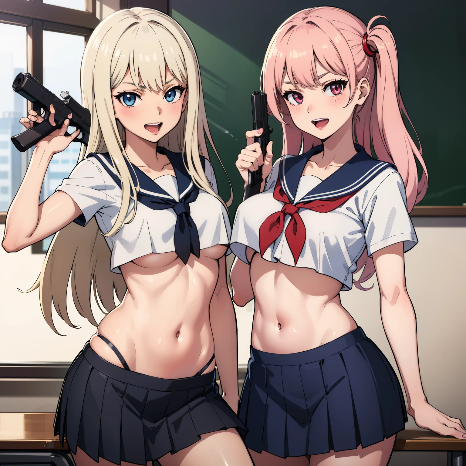 2girl, two girls, long hair, blush, lipstick, evil smile, Hot girl, baddie, bad attitude, mean girl, crazy, smoking, sensual, attractive , masterpiece, best quality, highly detailed, a anime girls in sailor uniforms with a gun posing for a picture,
evil smile, smile, open mouth,black_serafuku, ecchi anime style, anime girls ,
ecchi style, ecchi, shipgirls, digital anime art!!, high school girls, holding a gun, hold a gun, anime style 4
k, micro skirt, exposed belly, exposed navel, exposed midriff, holding pistol,underboob,
exposed lower belly,school, classroom,