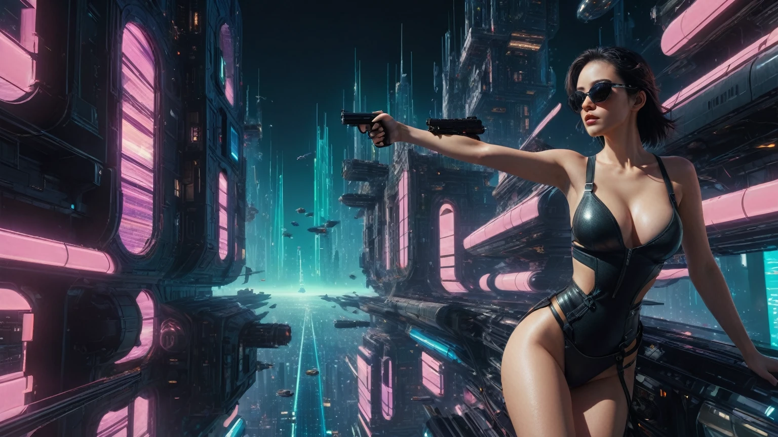 brightly colored abstract image of a space station with a spiral, epic beautiful space sci-fi, chaotic cinematic space rift, Greg Beeple, planets colliding, Beeple and Tim Hildebrandt, Beeple and Jean Giraud, end of the universe, galaxy space sci-fi, ringworld, (((flying cars))), by Mike "Beeple" Winkelmann. Matrix style, Matrix cascading code, a futuristic twin tower skyscraper with a unique twisted design, OLED GUI interfaces in the building, at night, (1girl, solo), photo realistic, large-breast:1.2 slim body, cleavage, off broken mini sling-shirt and black sling bra, miniskirt, (matrix style black sunglasses), (holding a short gun), half-body thigh level medium shot, cinematic lighting, ray tracing.