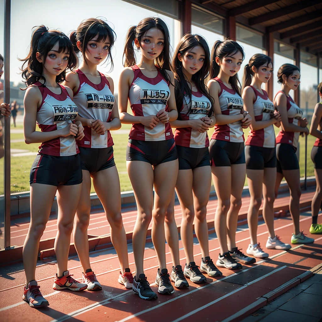 ExtremelyDetailed (((Relay Team Girls in a row:1.4))), Childish perfect face, Reflective Eyes, Detailed(Delicate Clothing textures), Corrected Leg to Foot Line, Corrected Perfect Hand, Dynamic Joyful Expressions LifeLike Rendering, ((Specular Reflection:1.28)), TopQuality 8K Ultra-detailed masterpiece (ProfessionalPhoto:1.37)(Acutance:0.8),(Luminism:1.22), ((Changing Clothes Exposed Underwear))