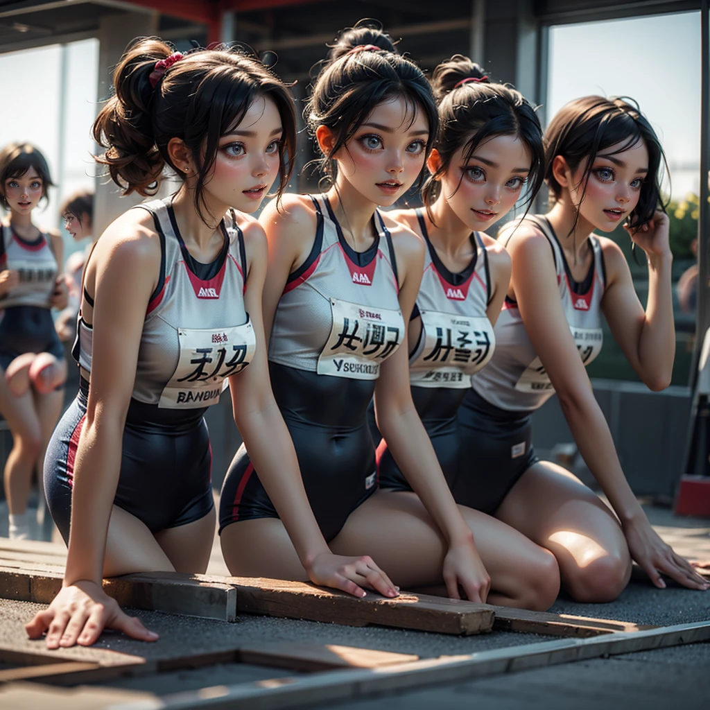 ExtremelyDetailed (((Relay Team Girls in a row:1.4))), Childish perfect face, Reflective Eyes, Detailed(Delicate Clothing textures), Corrected Leg to Foot Line, Corrected Perfect Hand, Dynamic Joyful Expressions LifeLike Rendering, ((Specular Reflection:1.28)), TopQuality 8K Ultra-detailed masterpiece (ProfessionalPhoto:1.37)(Acutance:0.8),(Luminism:1.22), ((Changing Clothes Exposed Underwear))