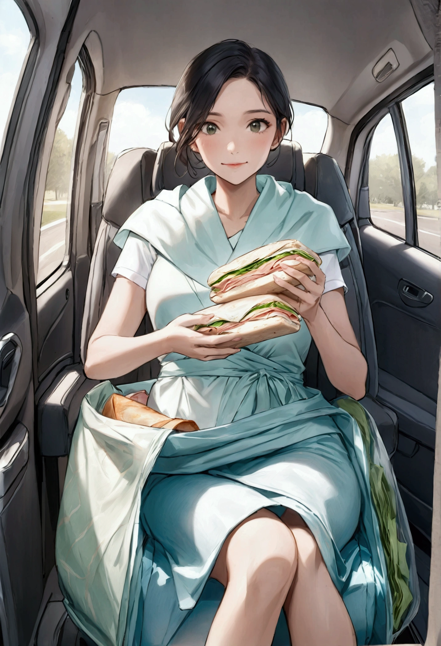 1️⃣ photo of woman's feet on the car seat, wrapped green tortilla wrap with cream cheese and ham inside plastic case in one hand, bowl full off ranch dressing in another hand, posted to snapchat in summer 2018 --ar 3:4

2️⃣ A photo of someone's lap in the car, with two wrapped sandwiches and mayonnaise on their legs. The wrap is green with ham inside, while one sandwich has white cream cheese spread over it. There’s also an open plastic container containing ranch dressing beside them. posted to snapchat stories from mid-20s woman in Saint Louis hope & happiness --ar 3:4

3️⃣ photo of woman's body in car seat, wrapped green tortilla wrap with white dressing and blue container cream on top , posted to snapchat stories from summer 2018, food in lap --ar 3:4

4️⃣ photo of woman's leg with wrapped green tortilla wrap and blue ranch dressing in plastic clear container, inside car seat --ar 3:4