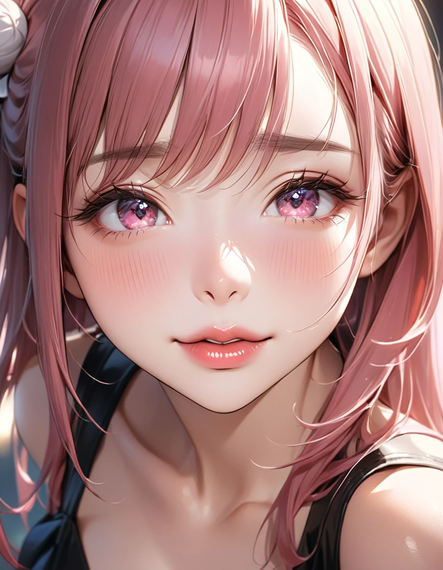 The face of a beautiful girl approaches the viewer, (Girls kissing), alone, (Hair Ribbon:0.4), Pink Eyes,(((White bun hair))),(((Pink long hair))),Perfect and attractive face, Mouth trying to kiss, (((Squint your eyes))), (((Squint your eyes))),Put your chin forward, Expectations, Shyness, joy, blush, Realistic and attractive nose, Delicate and elegant eyelashes, Fine and thin eyebrows, Natural Makeup, Delicate and perfect brushwork, young and lively々Fresh Skin, break: Showing affection to the audience, Expectations, Shyness, joy, blush, I close my eyes in fear, Put your chin forward, Lips asking for a kiss, Detailed and realistic skin texture, Cute and sexy gestures that will charm you, ((Facing the audience)), View your viewers, Jaw sticking out, Please lower your eyelids, Detailed and engaging, Seduce you, break ((Gently closed eyelids)), The approaching lips, break (close your eyes, Lips asking for a kiss, Approaching Face, Chin forward), (look up:1.3), ((Facing you)), break Face up and look up, Mouth closed for a kiss, (close your eyes:1.3), Expectations, Shyness, joy, blush, Realistic and captivating depictions, First-person view of the viewer, The kiss, (Close-up of face seen from above:1.2).Kunimi Tama