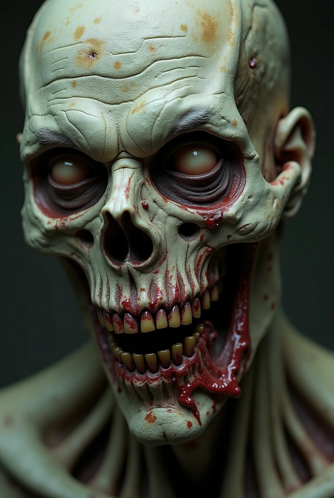 closeup face of zombie, His face was sunken, showing bones with some flesh attached to it, look horror and violence, high detail, kodak film, photorealism