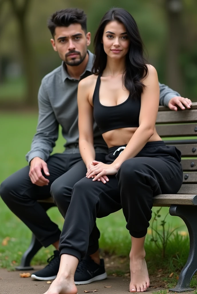 black hair, black sweatpants, White skinned, Braless, Barefoot woman sitting on boyfriend's lap on park bench