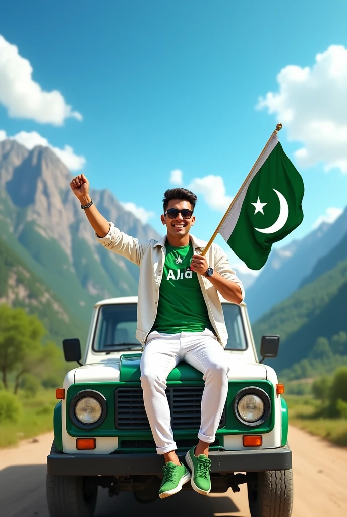 Create an Real image featuring a young man sitting on the hood of a white and green truck, with Pakistan's scenic background. He's holding a flag celebrating Pakistan's 14th August. The boy wears a green T-shirt with 'Abid' printed on it, white jacket, white pants, green shoes, and sunglasses."