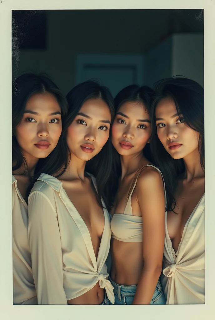 ((best quality)), ((masterpiece)), (detailed), (polaroid camera), medium close up selfie. 4 women. Indonesian. Beautiful. Slim. White skin tone. 30 y.o. wearing unbuttoned shirt. Polaroid, grainy, low light, flash.
