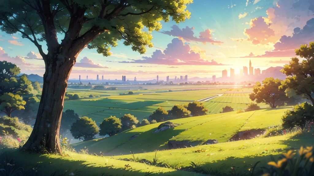A vast, lush green landscape in an anime-style, set in another world. The scenery is rich and fertile, with expansive fields of vibrant grass stretching far and wide. In the distance, a majestic city can be seen on the horizon.