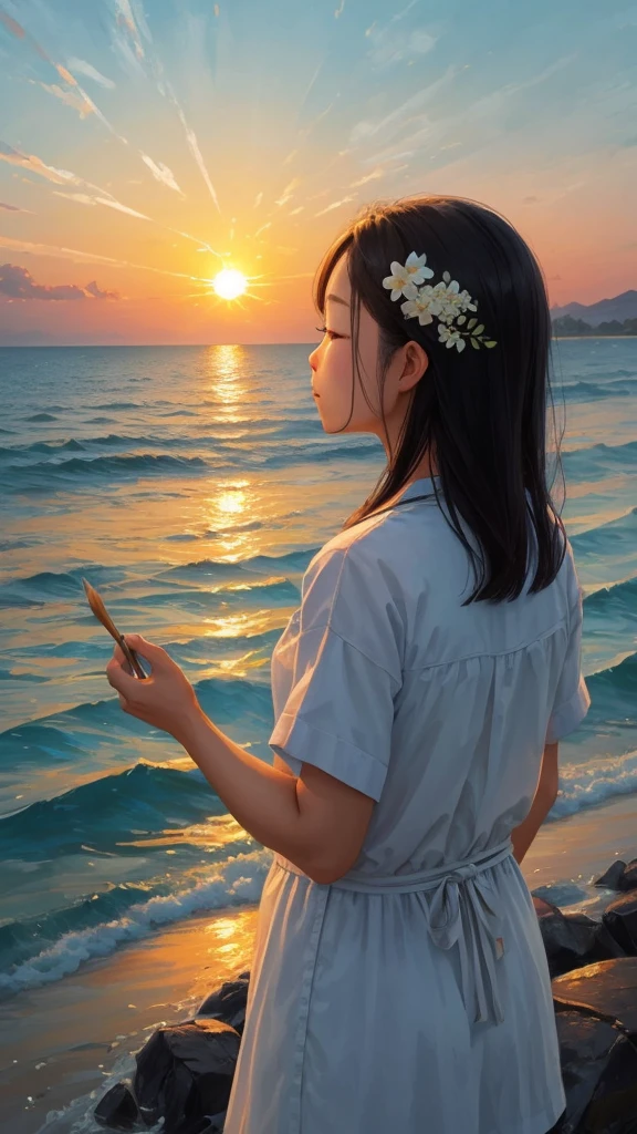 A powerful brushstroke depicts ripe rice ears.。In the background is a calm sea and a sunrise.、It represents the joy and hope that one's efforts will be rewarded.。