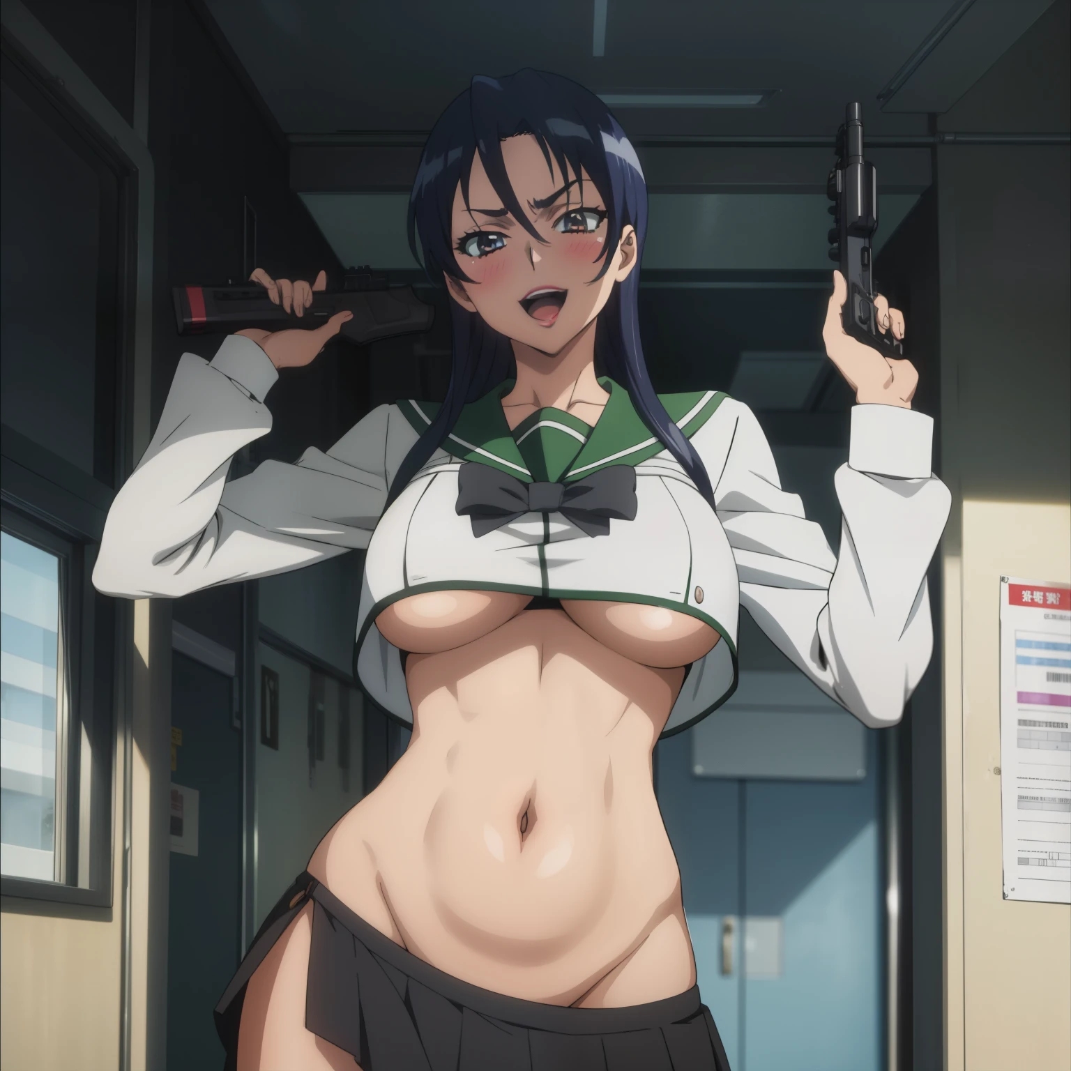 2girl, two girls, long hair, blush, lipstick, evil smile, Hot girl, baddie, bad attitude, mean girl, crazy, smoking, sensual, attractive , masterpiece, best quality, highly detailed, a anime girls in sailor uniforms with a gun posing for a picture,
evil smile, smile, open mouth,black_serafuku, ecchi anime style, anime girls ,
ecchi style, ecchi, shipgirls, digital anime art!!, high school girls, holding a gun, hold a gun, anime style 4
k, micro skirt, exposed belly, exposed navel, exposed midriff, holding pistol,underboob,
exposed lower belly,school, classroom,