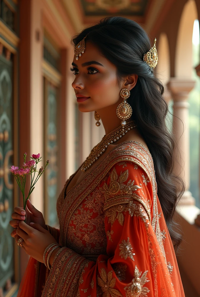 Indian queen heavy jewellery and heavy lehnga attractive pretty small face and in Indian castle same face different pose zoom pose looking from balcony holding flower and her hair is open