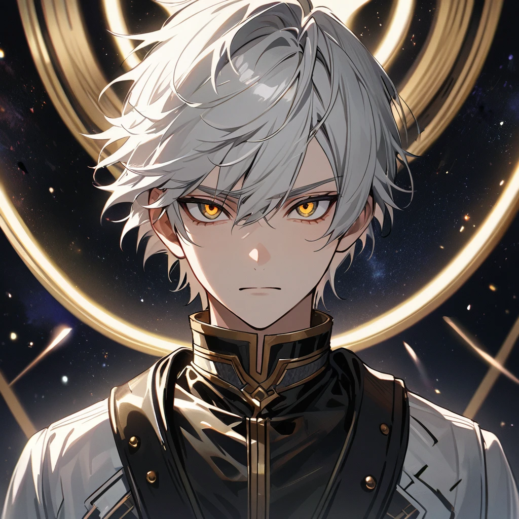 High quality, HD, 4k, no shadows, handsome male, 1male, , teenager, shwhite hair, silver hair, white hair, sharp eyes, dark golden colored eyes, deep golden eyes, dark gold eyes, gold eyes, devil may cry, close up, calm expression, stoic expression, black leather clothes, white leather clothing, lean body, well trained body, upper body, looking at viewer, cowboy shot, white solar, space background