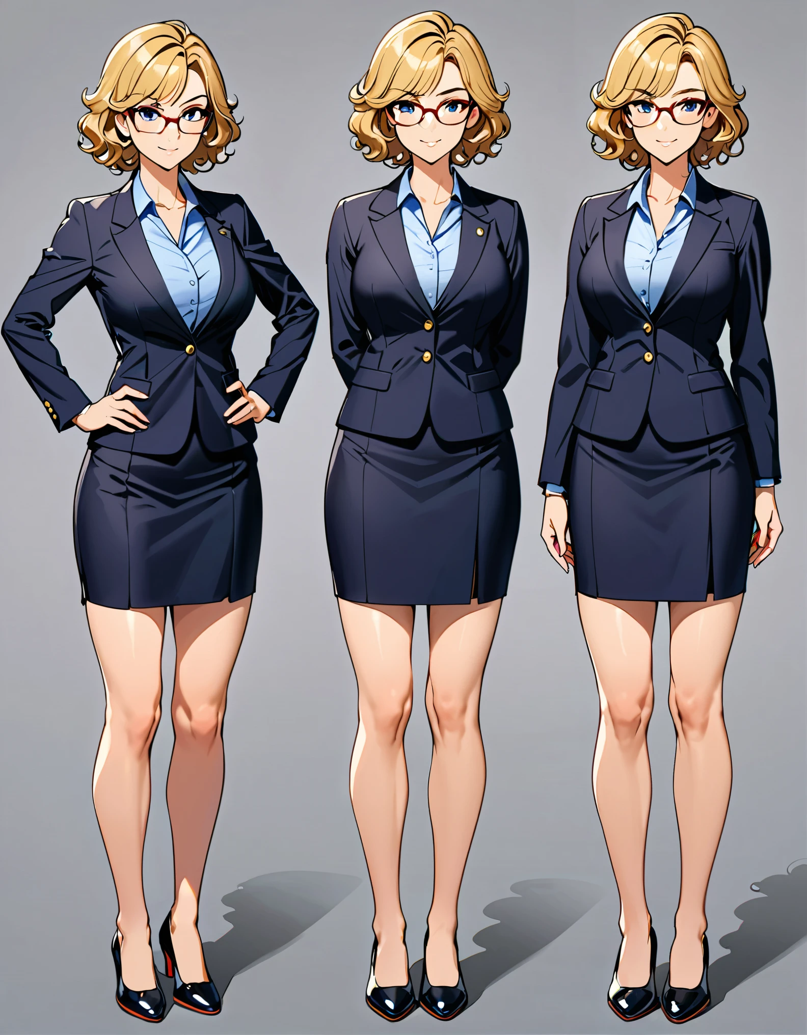 masterpiece, best quality, hires, 1girl, equal height, finger proportions coordination, medium breasts, suit, skirt, pencil skirt, bare legs, glasses, shoes, solo, single, hands on hip, standing, beautiful detailed eyes, beautiful detailed face, (blonde hair, (short hair, wavy hair)), mature lady, teacher, perfect body, good proportions, Simple background, Multiple Views, Character Sheet Full-Length.