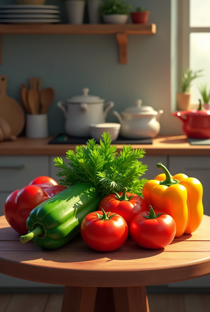 There should be a round wooden table on which there is one green, one parsley, three tomatoes and two peppers. And behind there should be a kitchen set and on the kitchen set there should be dishes and food, but they should not be on the wooden table.