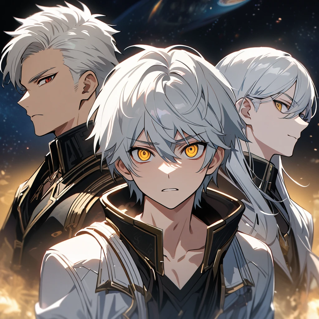 High quality, HD, 4k, no shadows, handsome male, 1male, , teenager, short white hair, silver hair, white hair, sharp eyes, dark golden colored eyes, deep golden eyes, dark gold eyes, gold eyes, devil may cry, close up, calm expression, stoic expression, black leather clothes, white leather clothing, lean body, well trained body, upper body, looking at viewer, cowboy shot, white solar, space background