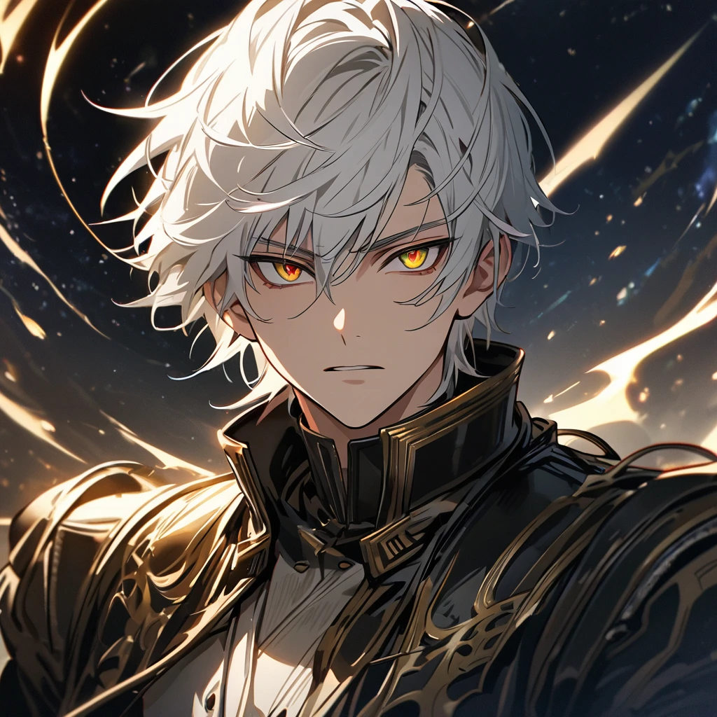 High quality, HD, 4k, no shadows, handsome male, 1male, , teenager, short white hair, silver hair, white hair, sharp eyes, dark golden colored eyes, deep golden eyes, dark gold eyes, gold eyes, devil may cry, close up, calm expression, stoic expression, black leather clothes, white leather clothing, lean body, well trained body, upper body, looking at viewer, cowboy shot, white solar, space background