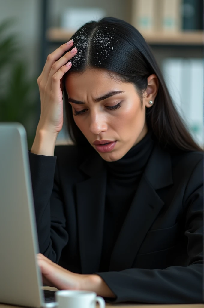 Excerpt from a shampoo commercial, demonstrating the problem: young arab woman, sitting in an office in a black business suit and a black turtleneck at a computer. Her long black hair, slicked back without parting and gathered, into smooth, slicked down, bunch. She has irritation and worry on her face., With both hands, scratches his head vigorously, there are white specks of dandruff on the shoulders. The image is made in 32K resolution, realistic and photographic.
